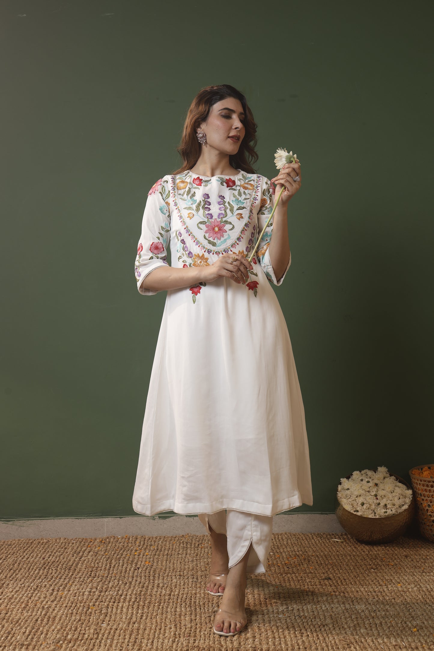White Floral Kurta with Dhoti
