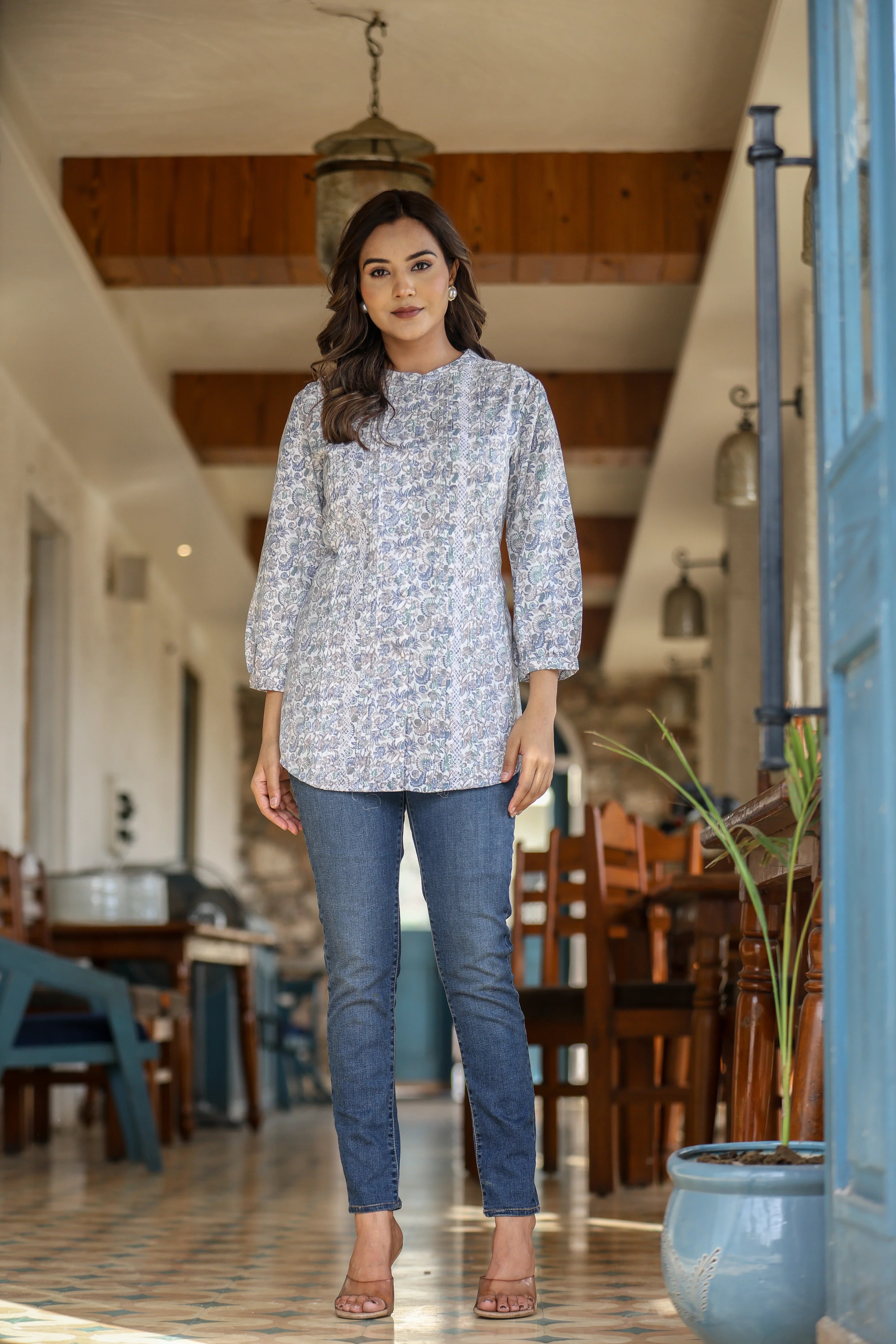 White Multi-Print Top in Natural Rayon