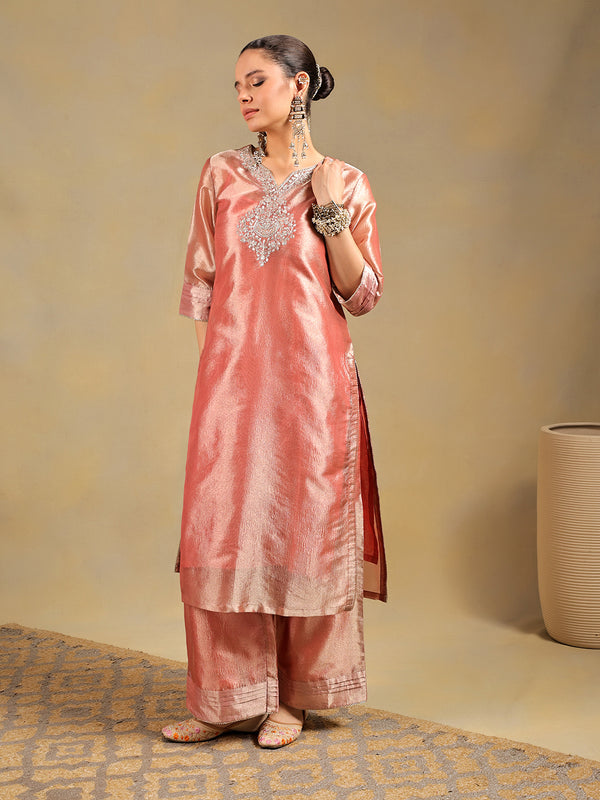 Blush Pink Tissue-Silk Suit Set with Zardozi Embroidery