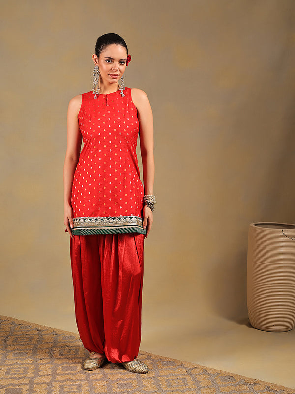 Bright Red Brocade Kurti Set with Pleated Salwar