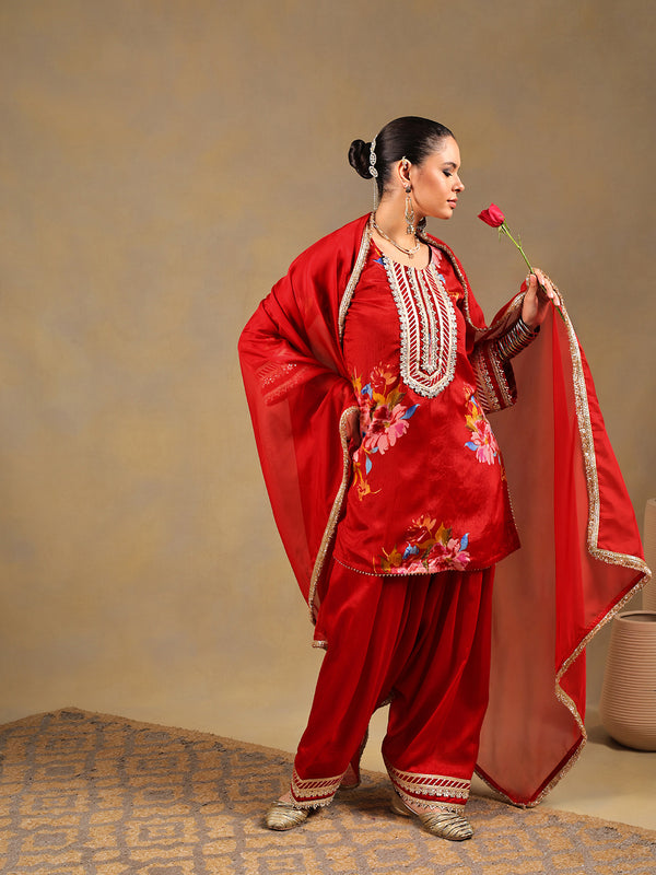 Red Chinnon Suit Set with Gold Embellished Drape
