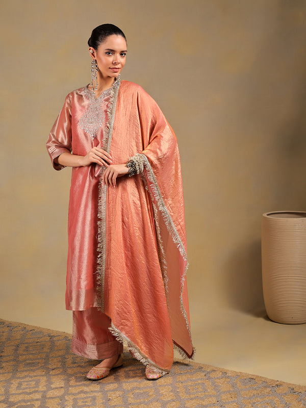 Blush Pink Tissue-Silk Suit Set with Zardozi Embroidery