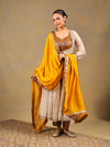 Mustard & Off-White Brocade Suit Set with Lace Jacket