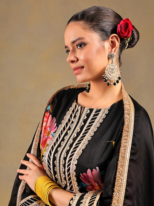 Black Chinnon Suit Set with Gold Embellished Drape
