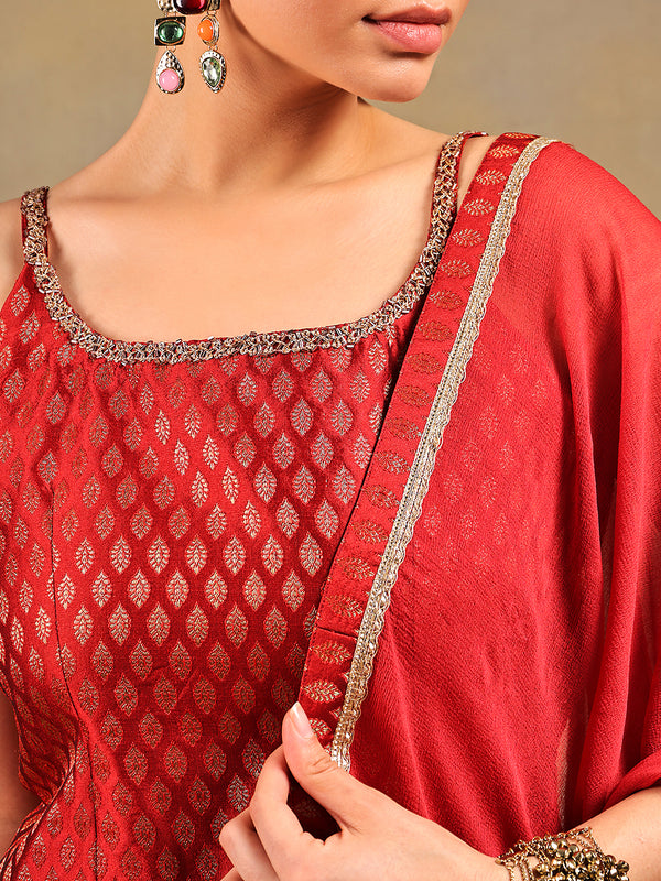 Maroon Brocade Short Kurti Set with Sharara Pants