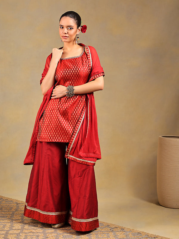 Maroon Brocade Short Kurti Set with Sharara Pants