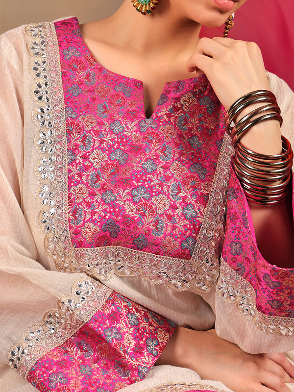 Off White & Rani Pink Embroidered Suit Set