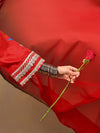 Red Chinnon Suit Set with Gold Embellished Drape