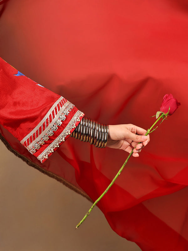 Red Chinnon Suit Set with Gold Embellished Drape