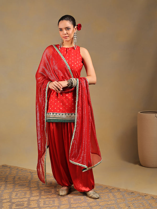 Bright Red Brocade Kurti Set with Pleated Salwar