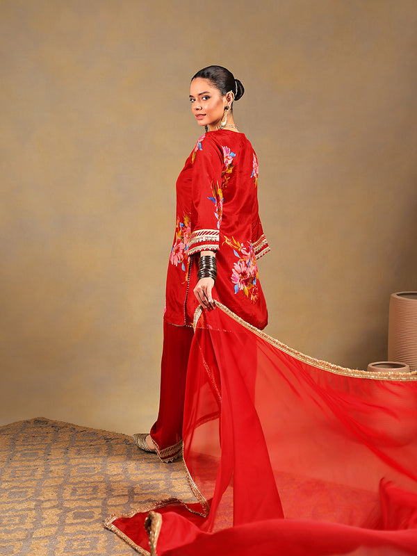 Red Chinnon Suit Set with Gold Embellished Drape