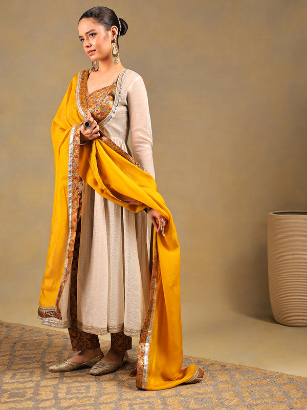 Mustard & Off-White Brocade Suit Set with Lace Jacket