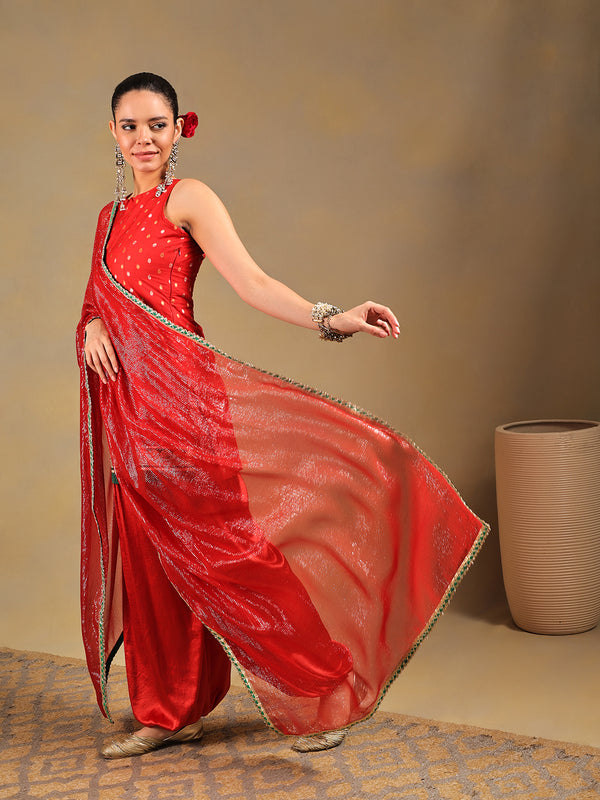 Bright Red Brocade Kurti Set with Pleated Salwar