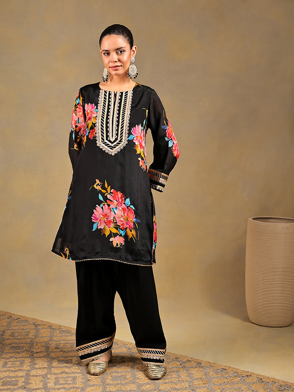 Black Chinnon Suit Set with Gold Embellished Drape