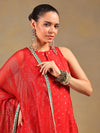 Bright Red Brocade Kurti Set with Pleated Salwar