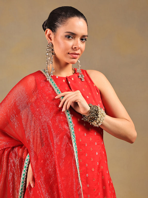 Bright Red Brocade Kurti Set with Pleated Salwar