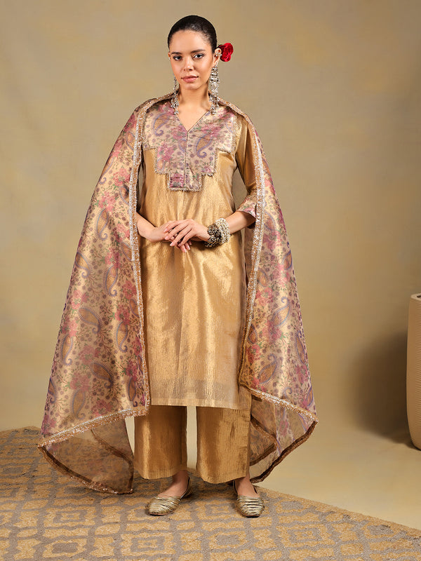 Golden Tissue-Silk Suit Set with Paisley Detailing