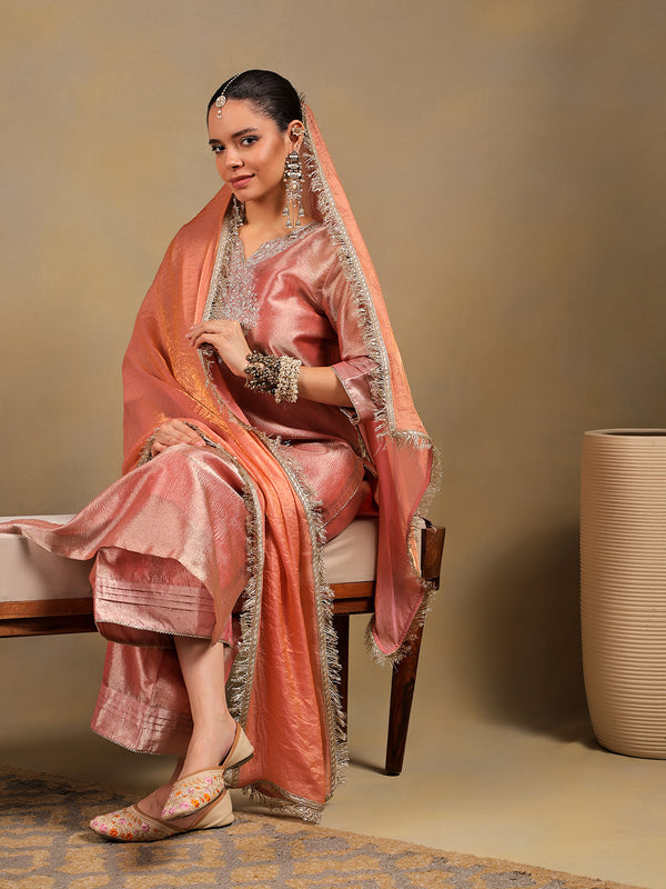Blush Pink Tissue-Silk Suit Set with Zardozi Embroidery