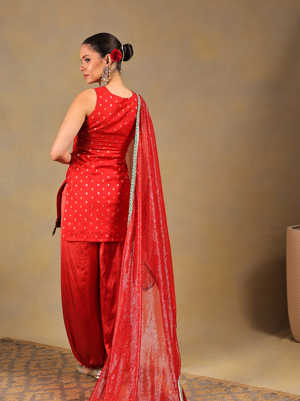 Bright Red Brocade Kurti Set with Pleated Salwar