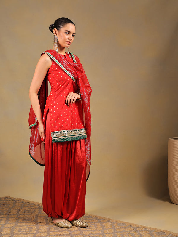 Bright Red Brocade Kurti Set with Pleated Salwar