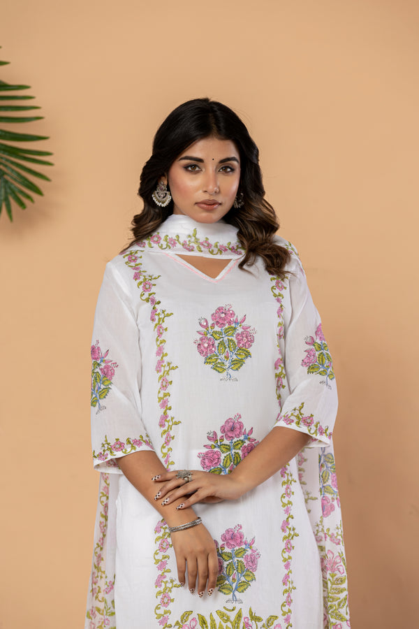 Floral Block Print Straight Suit Set