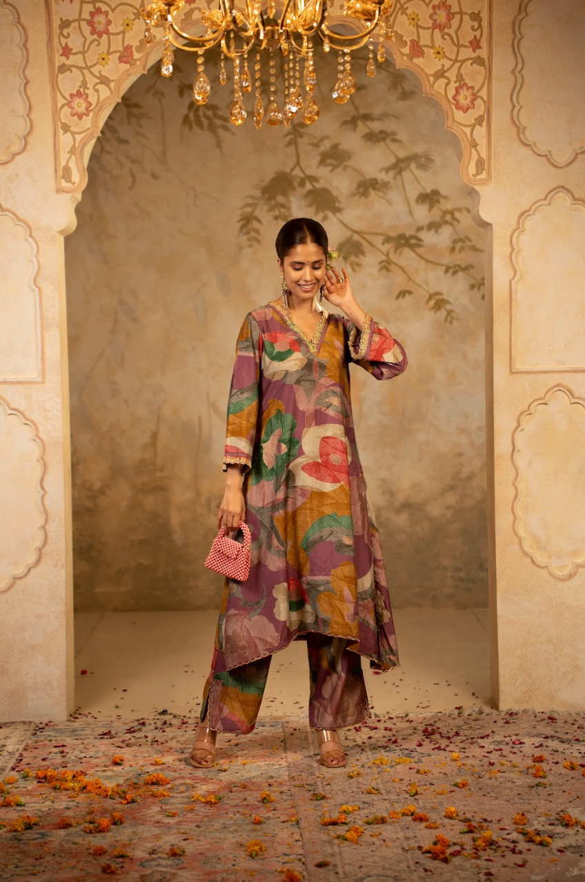 A-Line Kurta Set with Dupatta - Dark Mauve
