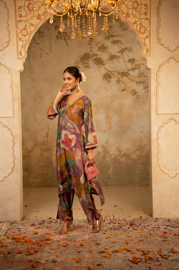 A-Line Kurta Set with Dupatta - Dark Mauve