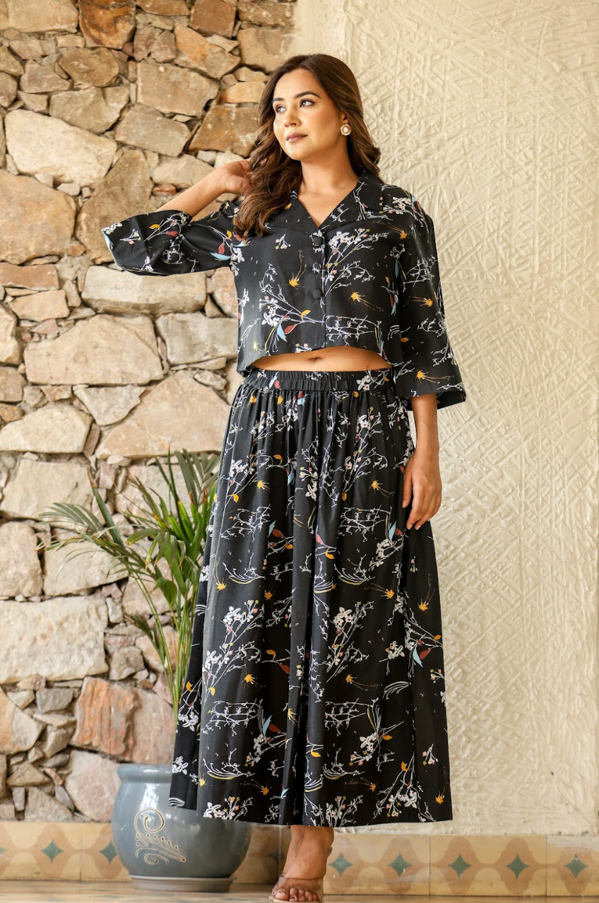 Black Multi-Color Printed Crop Top & Skirt Set in Natural Rayon