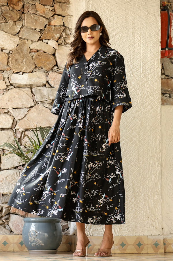 Black Multi-Color Printed Crop Top & Skirt Set in Natural Rayon