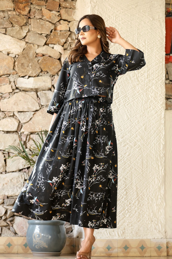 Black Multi-Color Printed Crop Top & Skirt Set in Natural Rayon