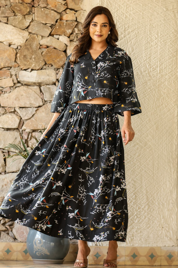 Black Multi-Color Printed Crop Top & Skirt Set in Natural Rayon