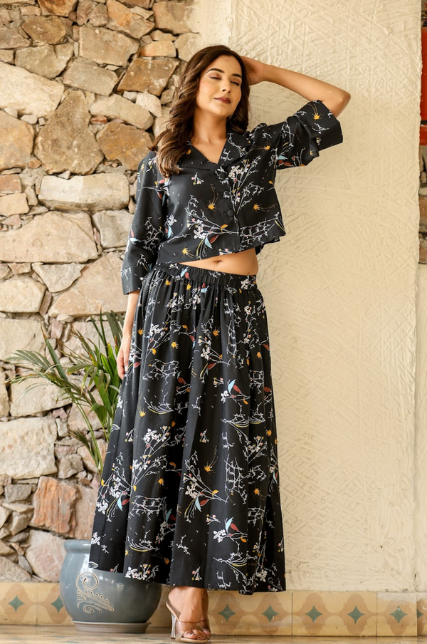 Black Multi-Color Printed Crop Top & Skirt Set in Natural Rayon