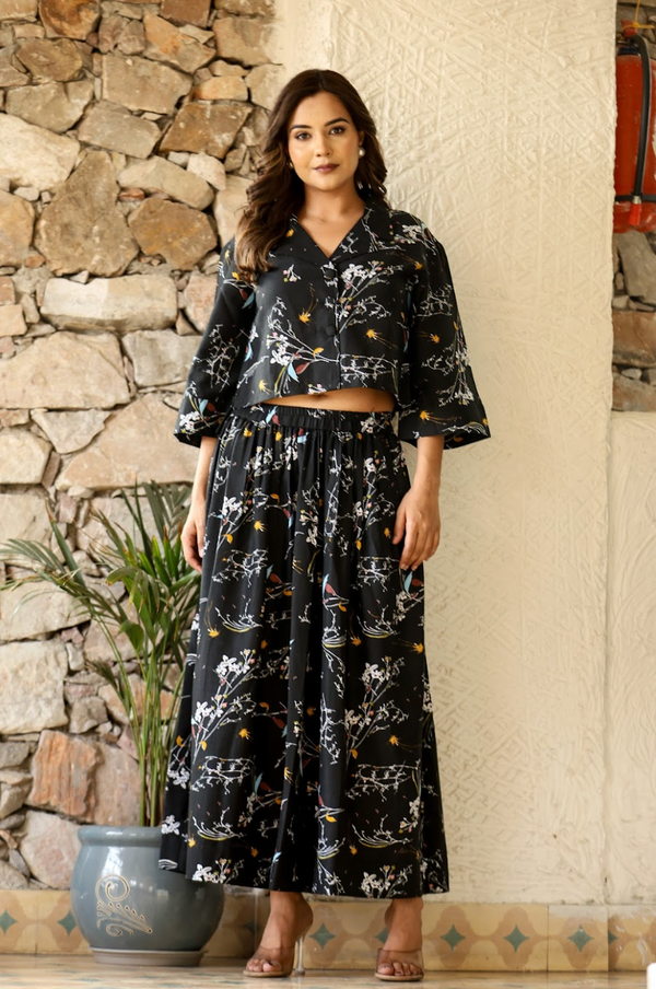Black Multi-Color Printed Crop Top & Skirt Set in Natural Rayon