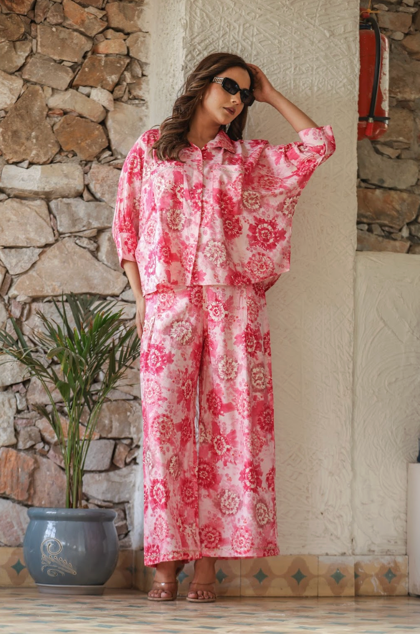 Bubble Pink Embroidered Pocket Coord Set in Rayon