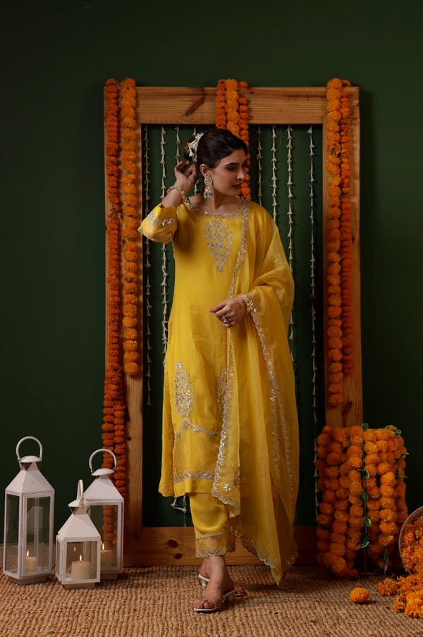 Chinon Silk Gota Patti Embroidered Kurta Set with Organza Dupatta