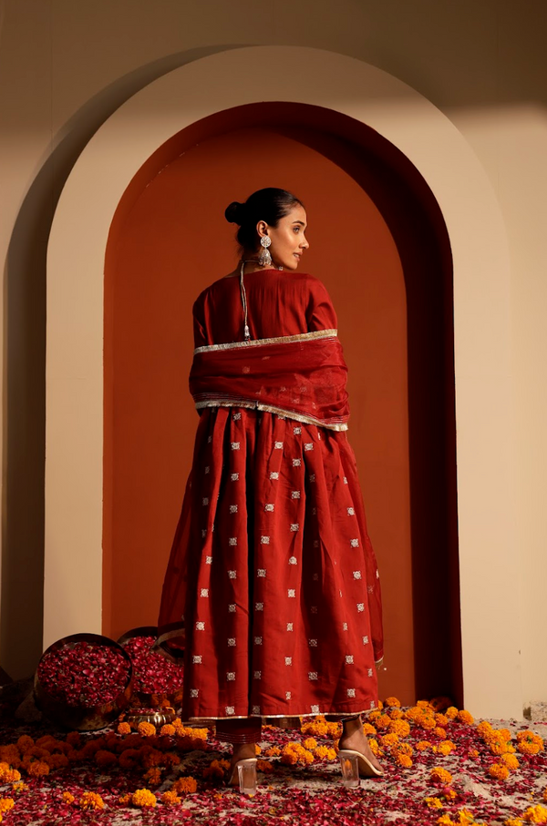 Embroidered Roman Silk Angrakha Set with Organza Dupatta