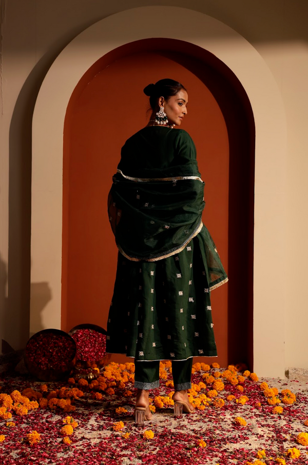 Embroidered Roman Silk Angrakha Set with Organza Dupatta