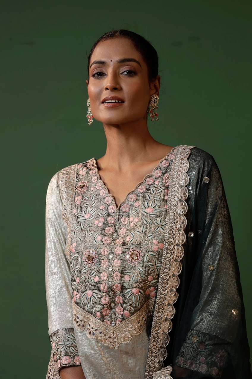 Embroidered Silk-Blend Sharara Kurta Set with Organza Dupatta