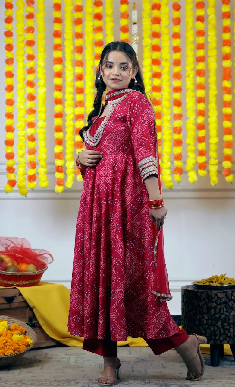 Flex Muslin Anarkali Kurta & Pants 3-Piece Set with Net Dupatta