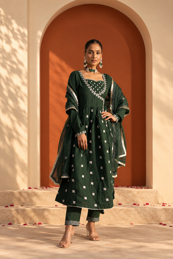 Roman Silk Embroidered Angrakha Suit Set with Dupatta