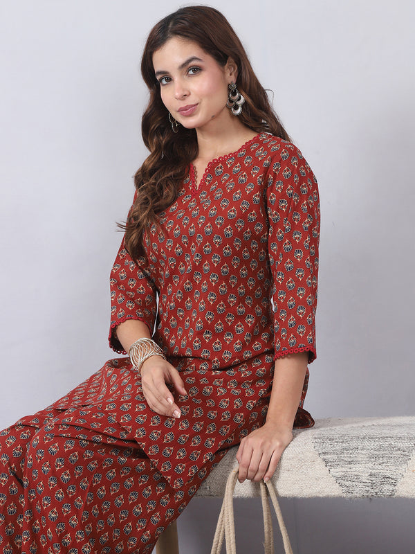 Maroon Kurta Set with Lace Detailing