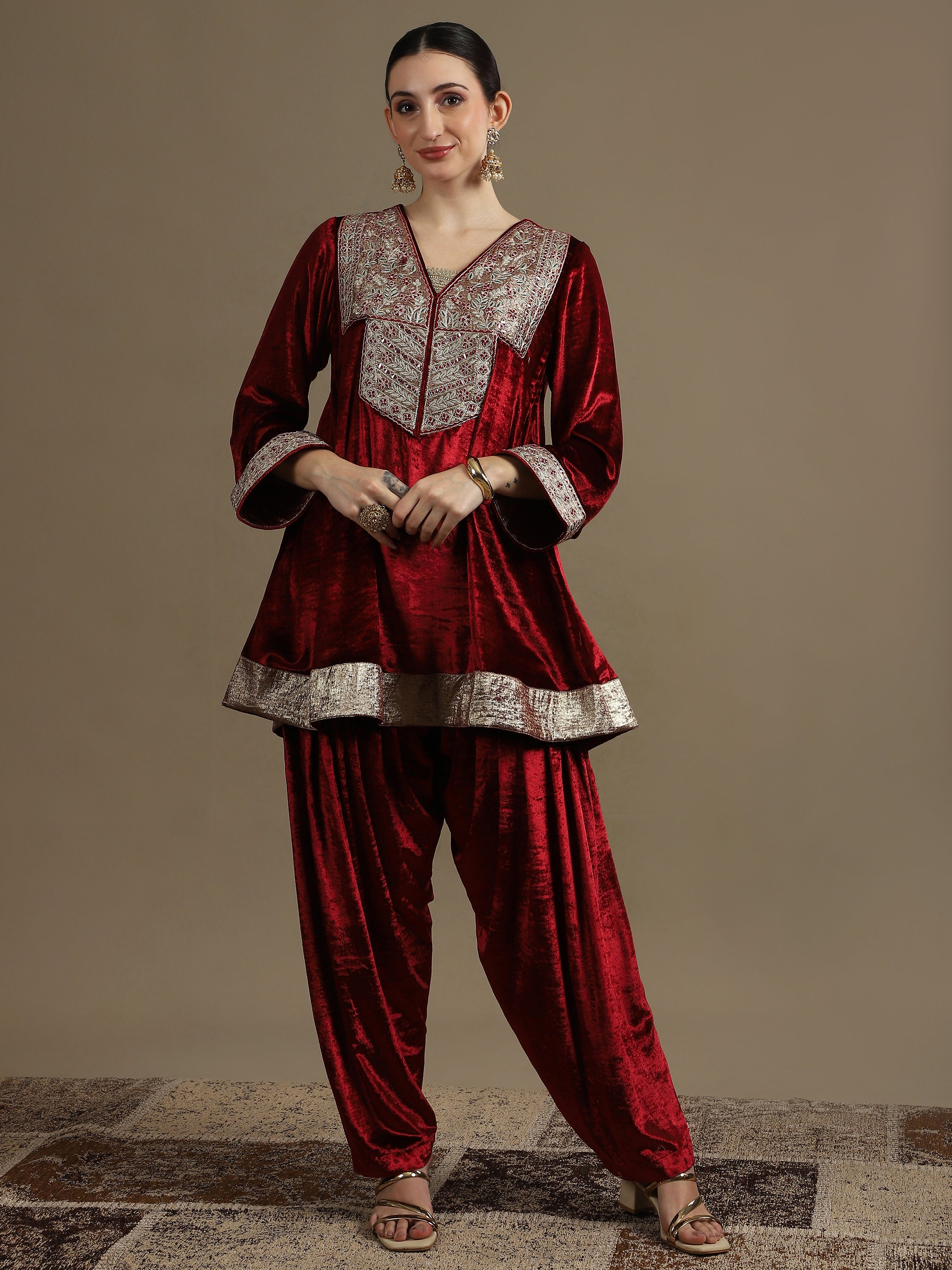 Choga Style Mehroon Farshi Salwaar Set with Dupatta