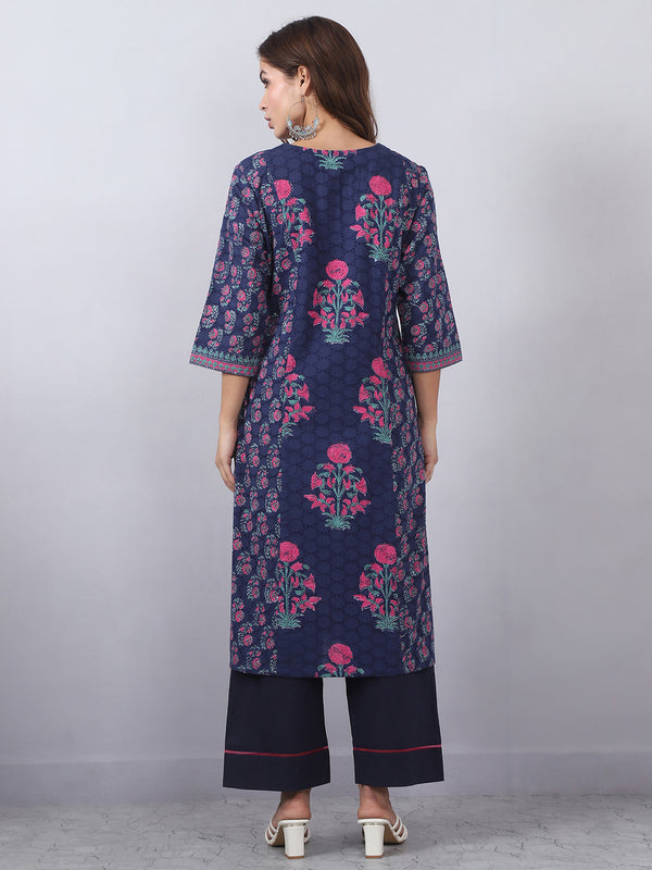 Navy Blue Embroidered Kurta Pants Set