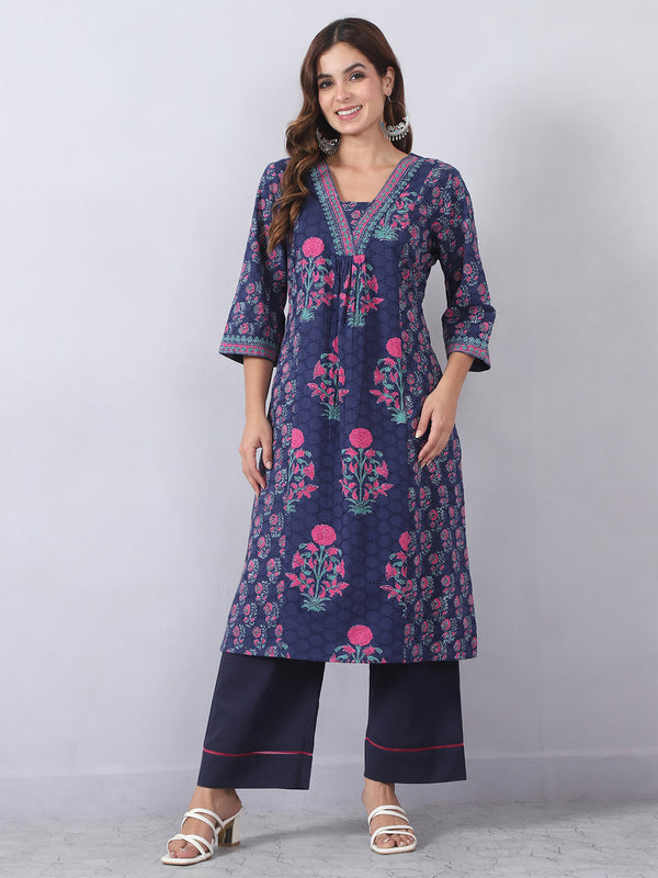 Navy Blue Embroidered Kurta Pants Set