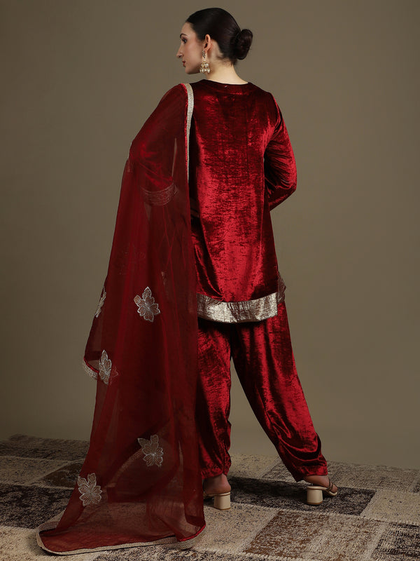 Choga Style Mehroon Farshi Salwaar Set with Dupatta