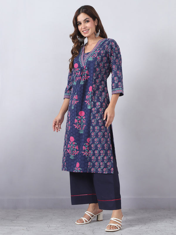 Navy Blue Embroidered Kurta Pants Set