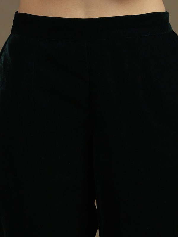 A-Line Bottle Green Micro Velvet Anarkali Set with Dupatta