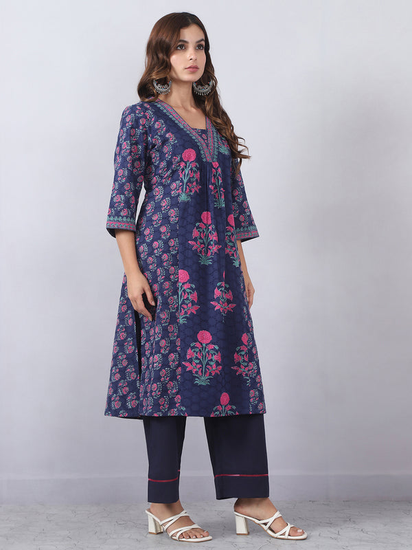 Navy Blue Embroidered Kurta Pants Set