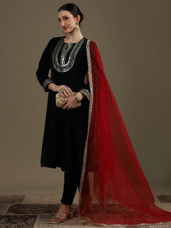A-Line Bottle Green Micro Velvet Anarkali Set with Dupatta