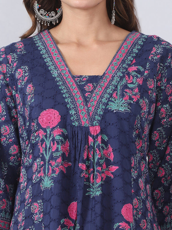 Navy Blue Embroidered Kurta Pants Set